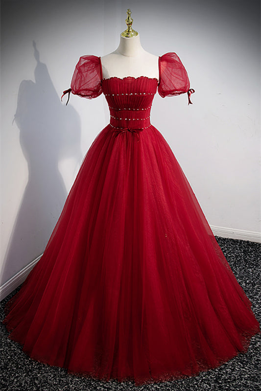 Red Strapless Beaded Detachable Puff Sleeves Long Formal Dress with Sash