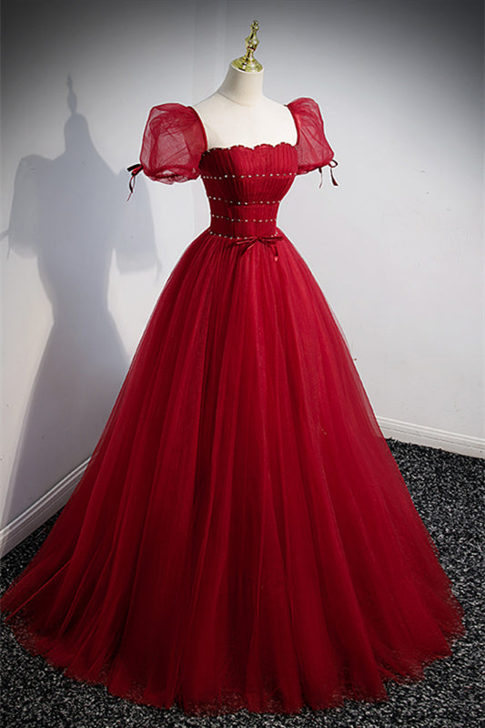 Red Strapless Beaded Detachable Puff Sleeves Long Formal Dress with Sash