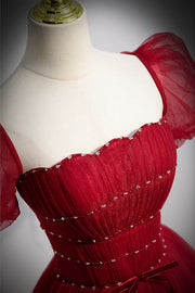 Red Strapless Beaded Detachable Puff Sleeves Long Formal Dress with Sash