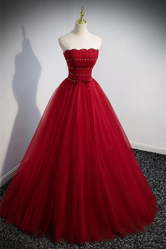 Red Strapless Beaded Detachable Puff Sleeves Long Formal Dress with Sash