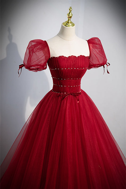 Red Strapless Beaded Detachable Puff Sleeves Long Formal Dress with Sash