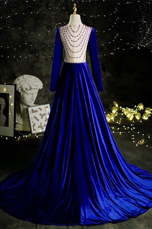 Royal Blue Square Neck Beaded Long Sleeves Velvet Long Formal Dress with Slit