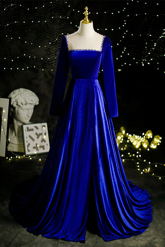 Royal Blue Square Neck Beaded Long Sleeves Velvet Long Formal Dress with Slit