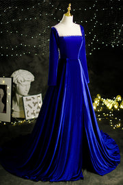 Royal Blue Square Neck Beaded Long Sleeves Velvet Long Formal Dress with Slit