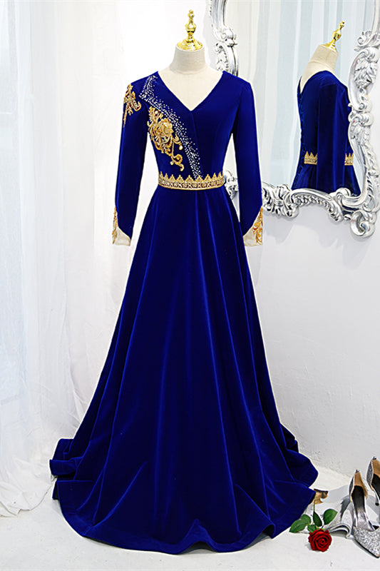 Royal Blue V Neck Gold Sequins Long Sleeves Beaded Long Formal Dress