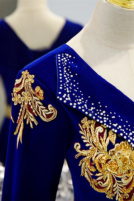 Royal Blue V Neck Gold Sequins Long Sleeves Beaded Long Formal Dress