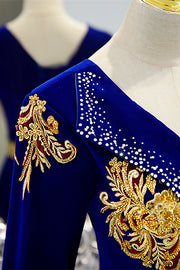 Royal Blue V Neck Gold Sequins Long Sleeves Beaded Long Formal Dress