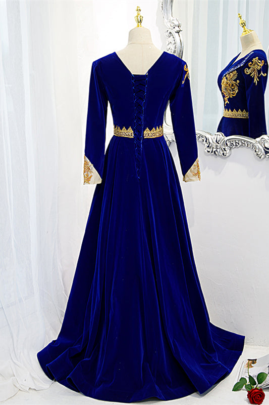 Royal Blue V Neck Gold Sequins Long Sleeves Beaded Long Formal Dress