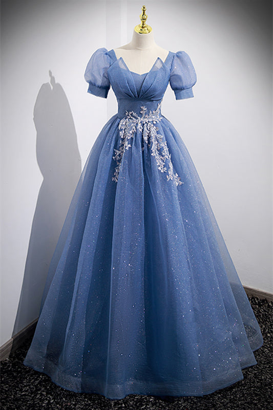 Blue Illusion Puff Sleeves Tulle V Neck Long Formal Dress