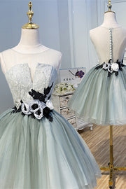 Dusty Sage Illusion Neck Lace Flowers Tulle Homecoming Dress