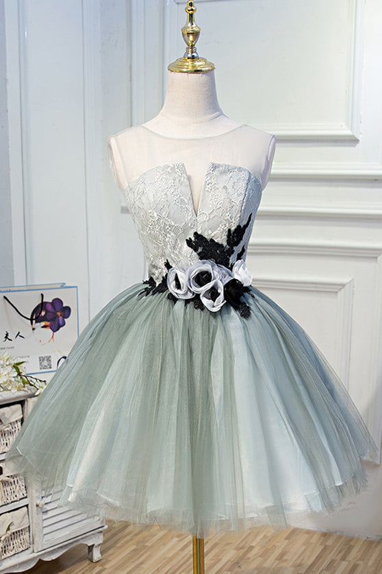 Dusty Sage Illusion Neck Lace Flowers Tulle Homecoming Dress