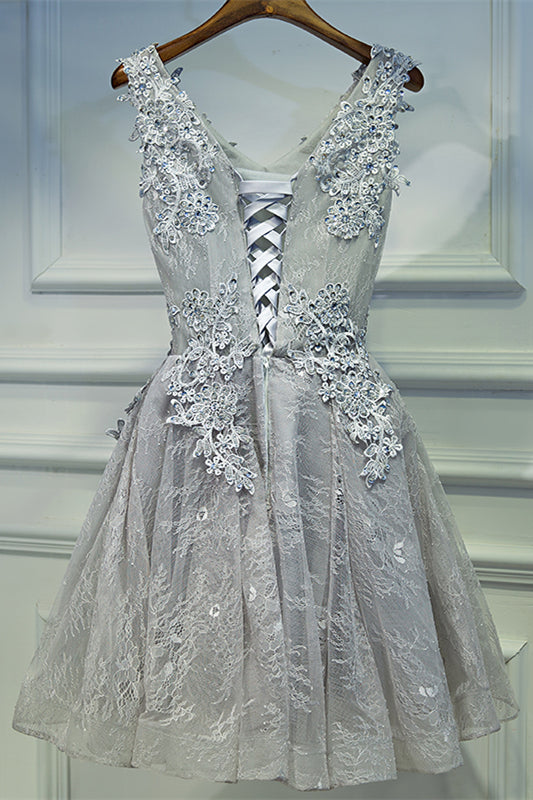Grey V Neck Flower Straps Beaded Appliques Mini Formal Dress