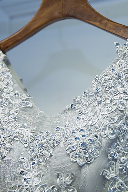Grey V Neck Flower Straps Beaded Appliques Mini Formal Dress