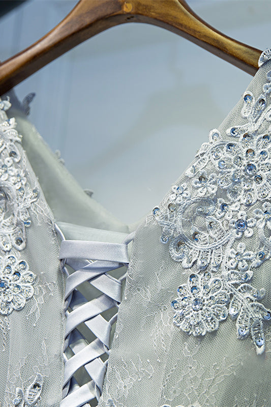 Grey V Neck Flower Straps Beaded Appliques Mini Formal Dress