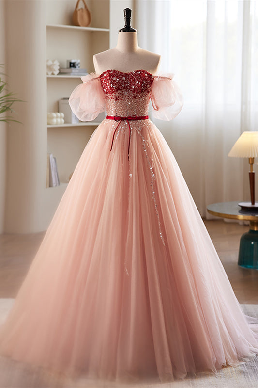 Pink Off-the-Shoulder Beaded Maxi Formal Dress with Sash