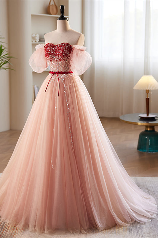 Pink Off-the-Shoulder Beaded Maxi Formal Dress with Sash