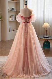 Pink Off-the-Shoulder Beaded Maxi Formal Dress with Sash