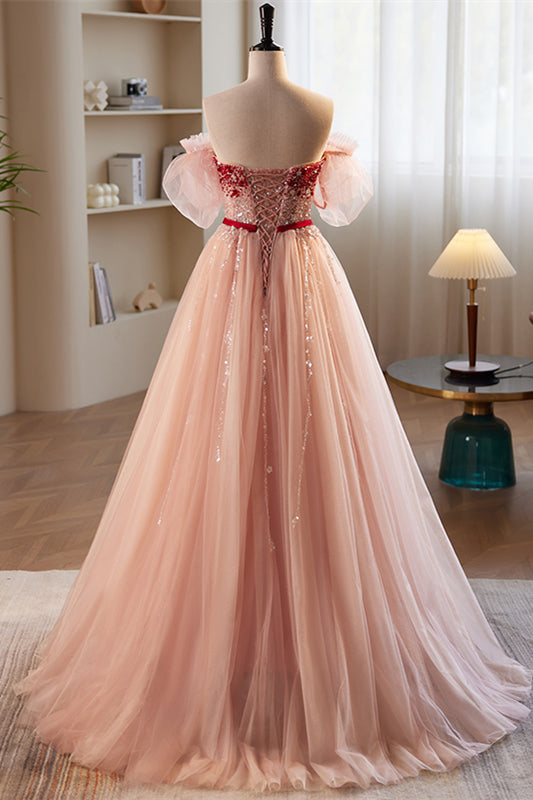 Pink Off-the-Shoulder Beaded Maxi Formal Dress with Sash