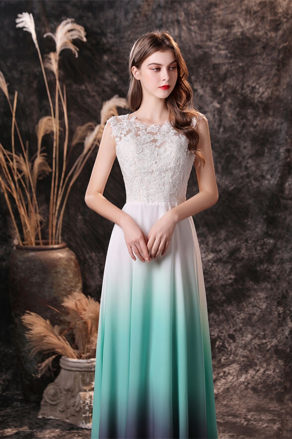 Sleeveless White and Green Chiffon Long Bridesmaid Dress