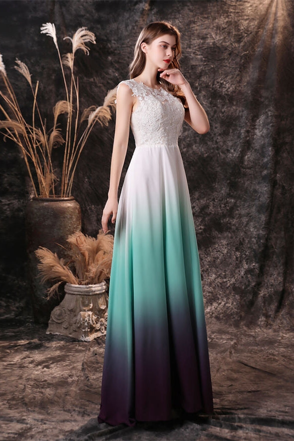 Sleeveless White and Green Chiffon Long Bridesmaid Dress Ombre / US 16