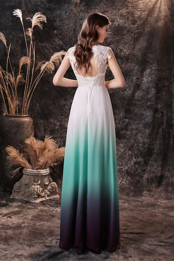 Sleeveless White and Green Chiffon Long Bridesmaid Dress