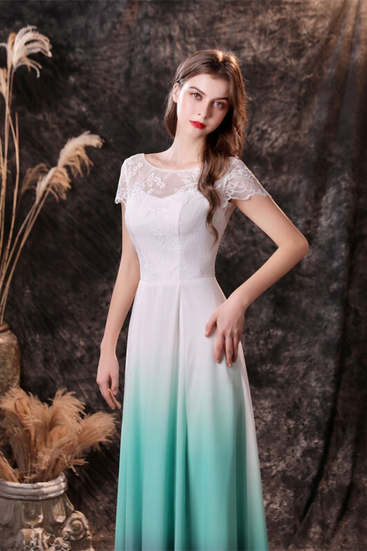 Cap Sleeves Ombre Color Chiffon Long Bridesmaid Dress