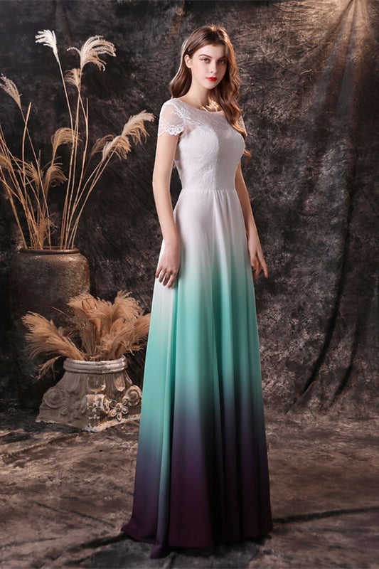 Cap Sleeves Ombre Color Chiffon Long Bridesmaid Dress Ombre / US 16