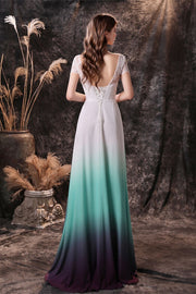 Cap Sleeves Ombre Color Chiffon Long Bridesmaid Dress