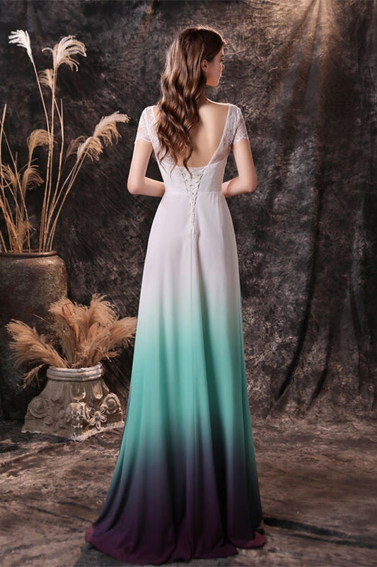 Cap Sleeves Ombre Color Chiffon Long Bridesmaid Dress Ombre / US 10 Cap Sleeves Ombre Color Chiffon Long Bridesmaid Dress Ombre / US 10