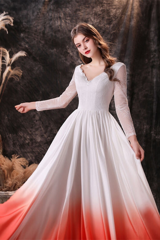 Long Sleeves Orange Ombre Chiffon Long Bridesmaid Dress