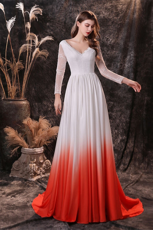 Long Sleeves Orange Ombre Chiffon Long Bridesmaid Dress