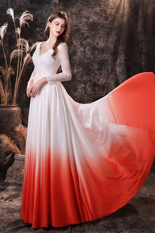 Long Sleeves Orange Ombre Chiffon Long Bridesmaid Dress
