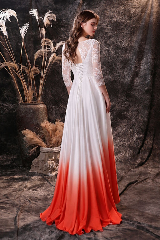 3/4 Sleeves Orange Ombre Chiffon Long Bridesmaid Dress