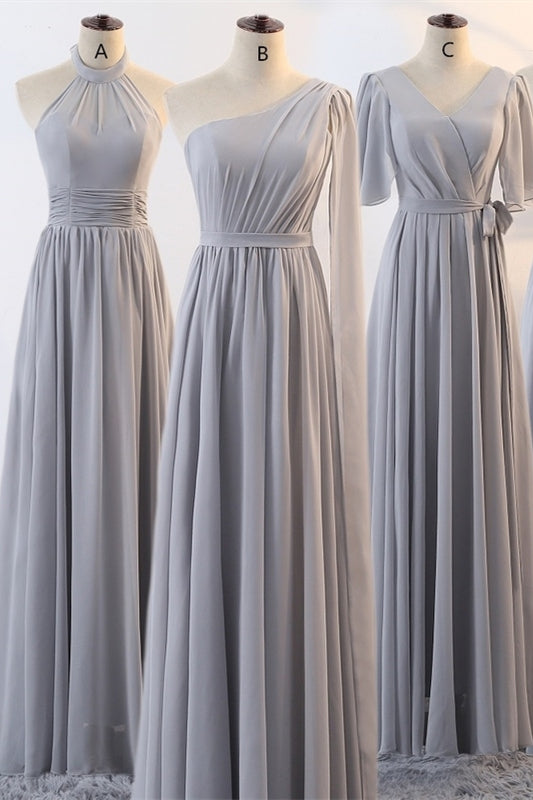 Grey Chiffon Long Mismatched Bridesmaid Dresses