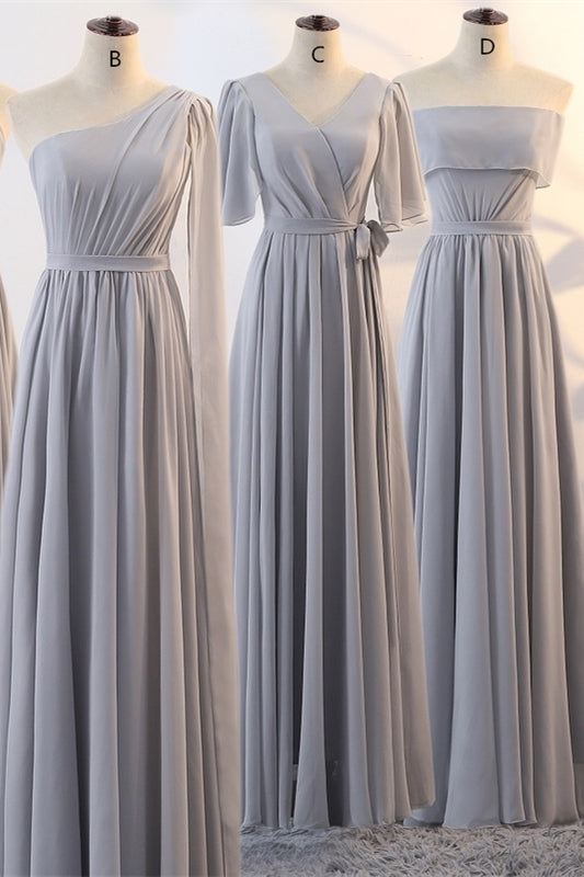 Grey Chiffon Long Mismatched Bridesmaid Dresses