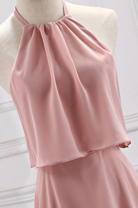 high neck blush bridesmaid dress Wedtrend Women Pink Bridesmaid Dress with Slit A-Line Halter Pleated Satin Backless Long Wedding Party Dress, Pink / US2