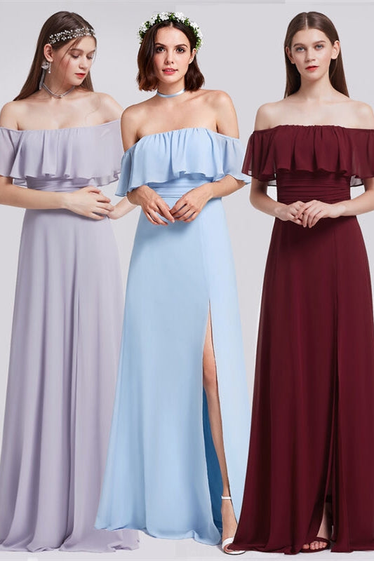 Princess Off the Shoulder Blue & Blush Pink & Burgundy Bridesmaid Dress