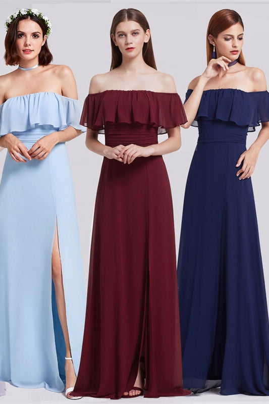 Princess Off the Shoulder Blue & Burgundy & Dark Navy Bridesmaid Dress