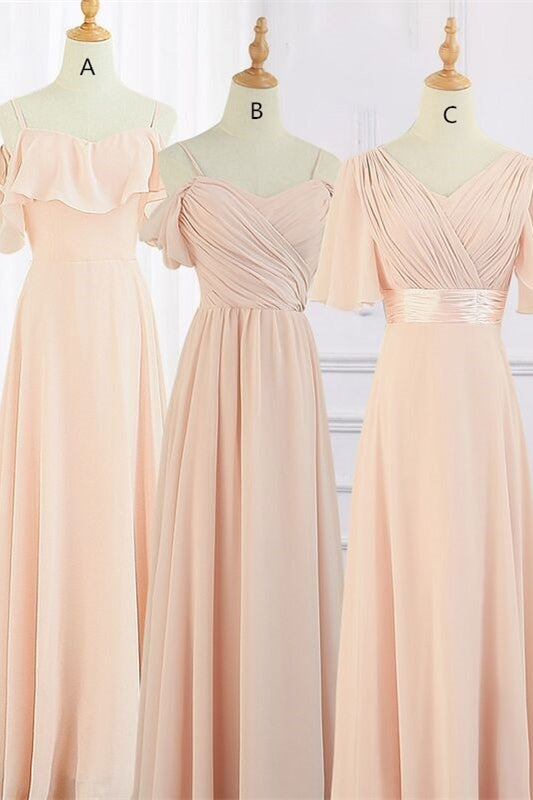 Peach Chiffon Long Mismatched Bridesmaid Dresses
