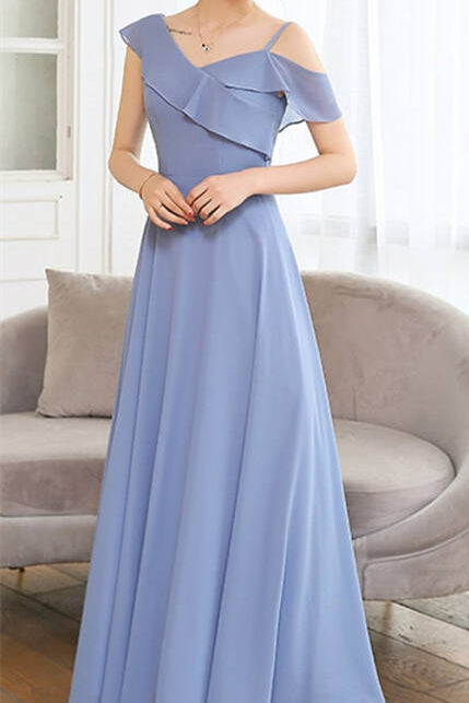 One Shoulder Blue Long Bridesmaid Dress