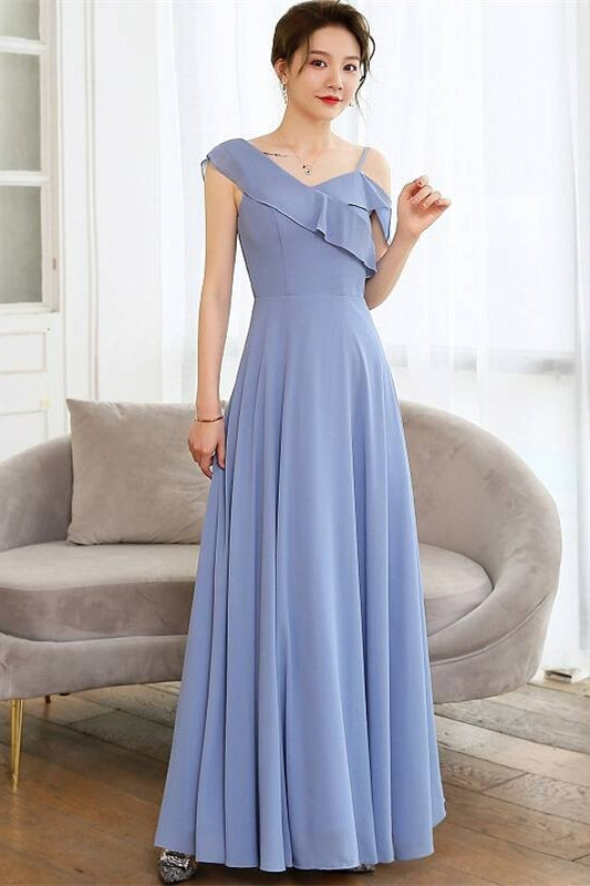 One Shoulder Blue Long Bridesmaid Dress