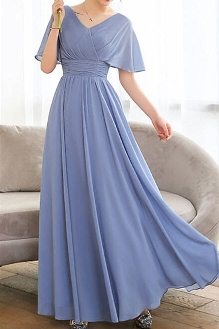 Blue Long Bridesmaid Dress with Flutter Sleeves