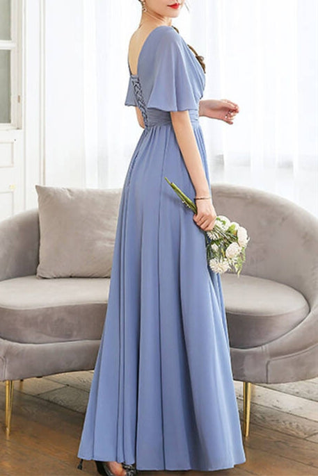 Blue Long Bridesmaid Dress with Flutter Sleeves