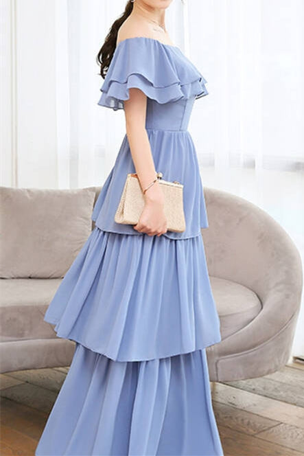 Blue Chiffon Tiered Bridesmaid Dress