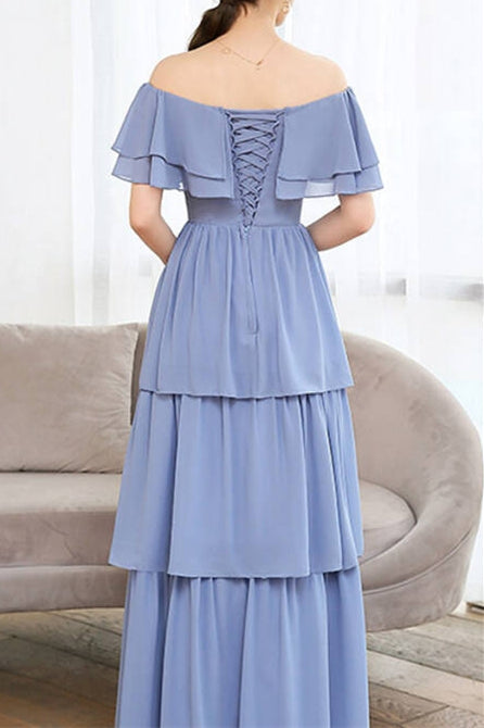 Blue Chiffon Tiered Bridesmaid Dress
