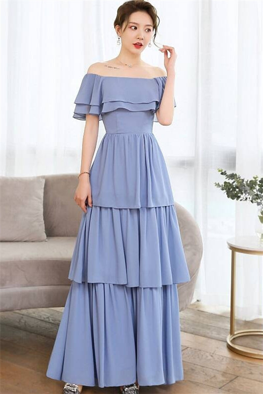 Blue Chiffon Tiered Bridesmaid Dress
