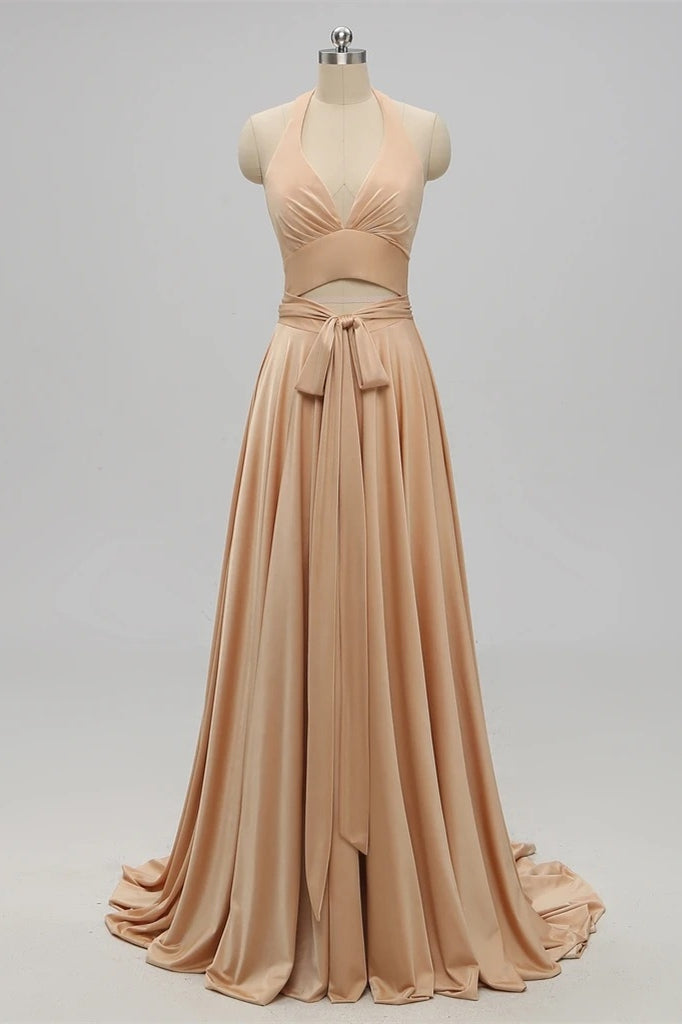Two Piece Gold Long Bridesmaid Dress