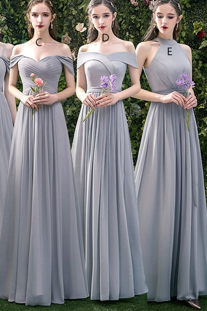 5 Styles Grey Chiffon Long Bridesmaid Dresses