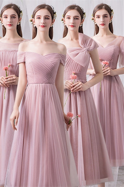 Blush Pink Tulle Midi Mismatched Bridesmaid Dress