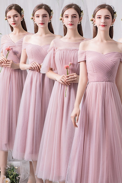 Blush Pink Tulle Midi Mismatched Bridesmaid Dress